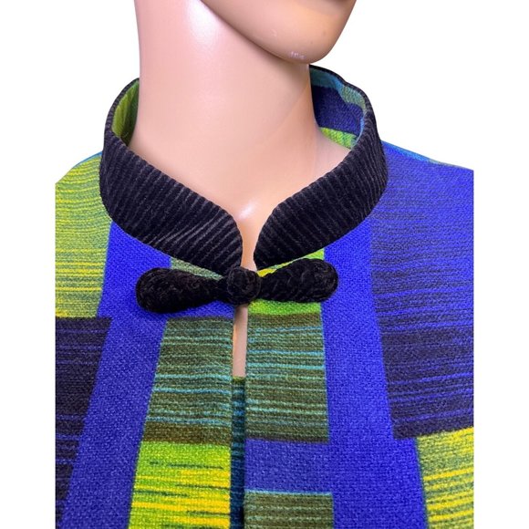 Vintage Wool Blend Geometric Print Jacket With Mandarin Collar & Frog Closure - Picture 3 of 11